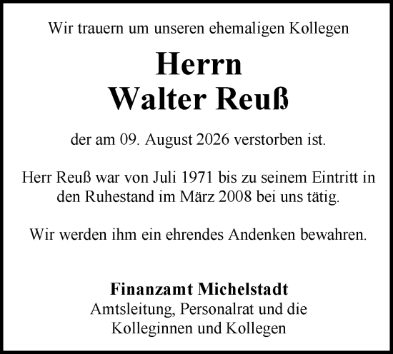 Traueranzeige von Walter Reuß von Odenwälder Echo