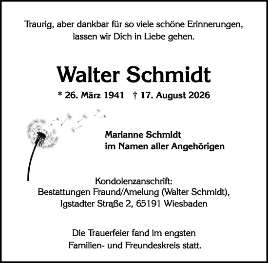 Traueranzeige von Walter Schmidt von Wiesbadener Kurier