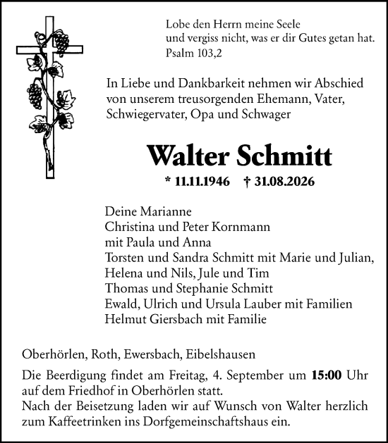 Traueranzeige von Walter Schmitt von Hinterländer Anzeiger