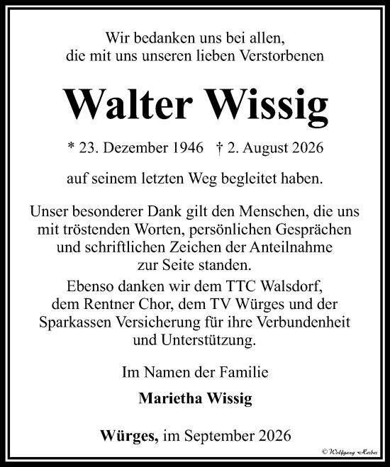 Traueranzeige von Walter Wissig von Camberger Anzeiger