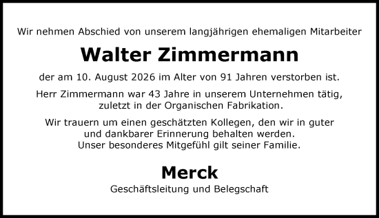 Traueranzeige von Walter Zimmermann von Darmstädter Echo