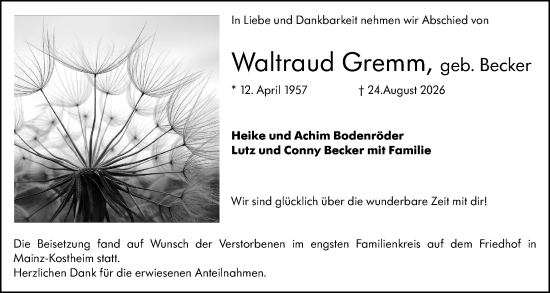 Traueranzeige von Waltraud Gremm von Allgemeine Zeitung Mainz