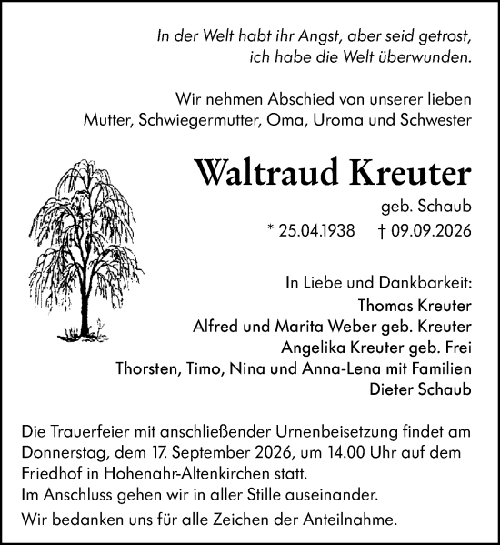 Traueranzeige von Waltraud Kreuter von Wetzlarer Neue Zeitung