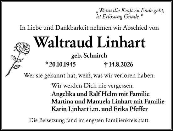 Traueranzeige von Waltraud Linhart von Wiesbadener Kurier