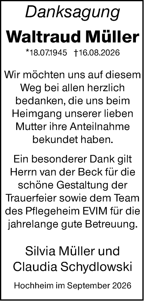 Traueranzeige von Waltraud Müller von Hochheimer Zeitung