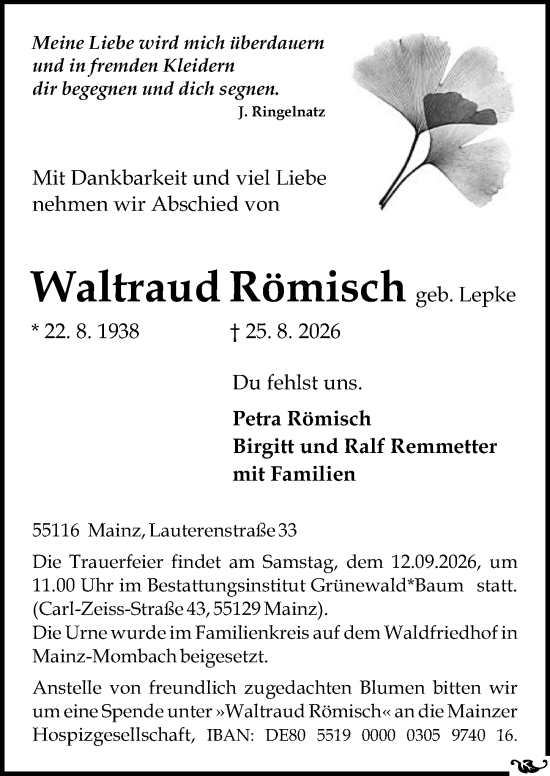 Traueranzeige von Waltraud Römisch von Allgemeine Zeitung Mainz