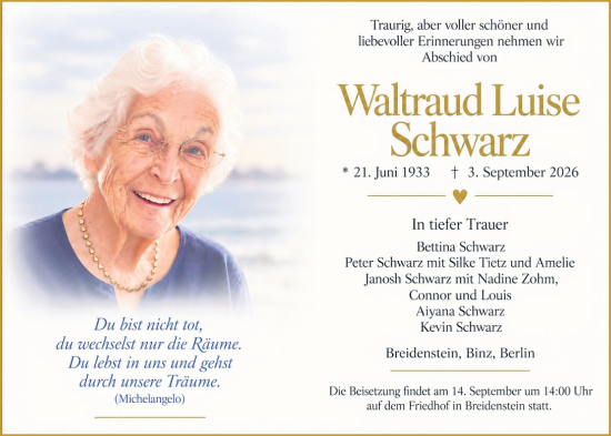 Traueranzeige von Waltraud Luise Schwarz von Hinterländer Anzeiger