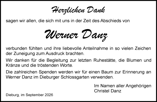 Traueranzeige von Werner Danz von Dieburger Anzeiger/Groß-Zimmerner Lokal-Anzeiger