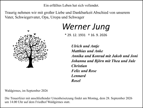 Traueranzeige von Werner Jung von Wetzlarer Neue Zeitung