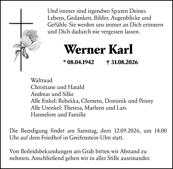 Traueranzeige von Werner Karl von Wetzlarer Neue Zeitung