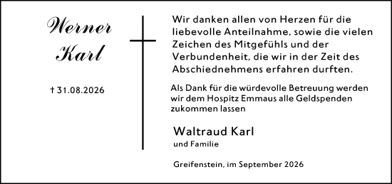 Traueranzeige von Werner Karl von Wetzlarer Neue Zeitung