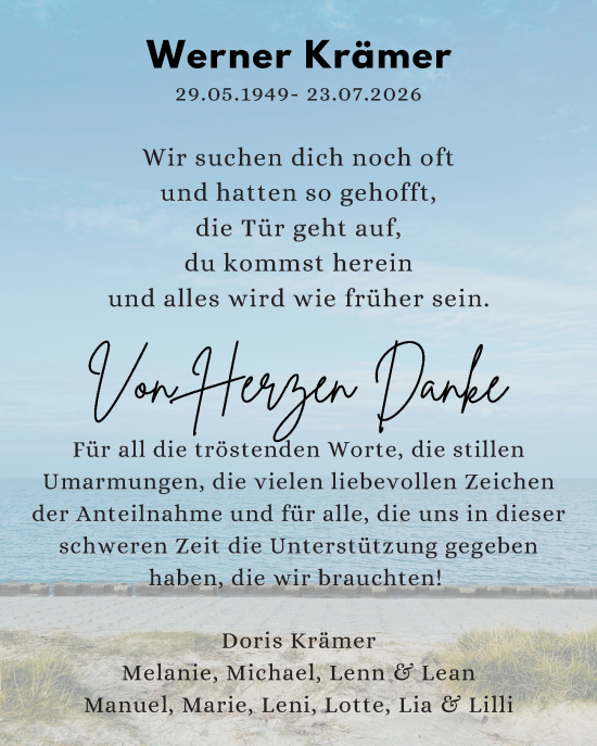 Traueranzeige von Werner Krämer von Hinterländer Anzeiger