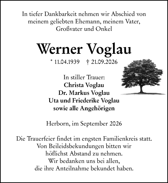 Traueranzeige von Werner Voglau von Dill Block