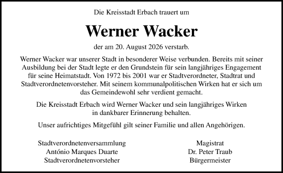 Traueranzeige von Werner Wacker von Odenwälder Echo