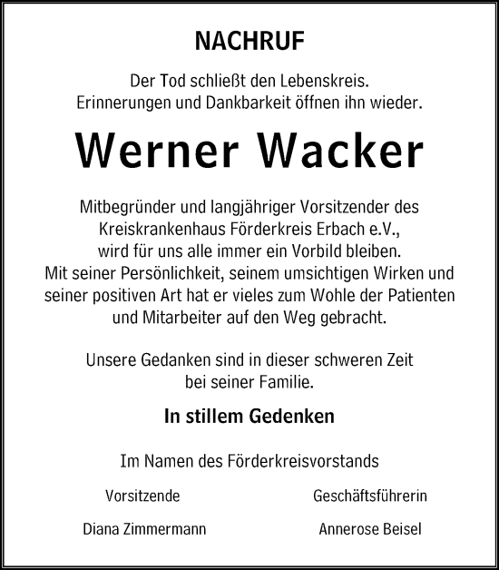 Traueranzeige von Werner Wacker von Odenwälder Echo