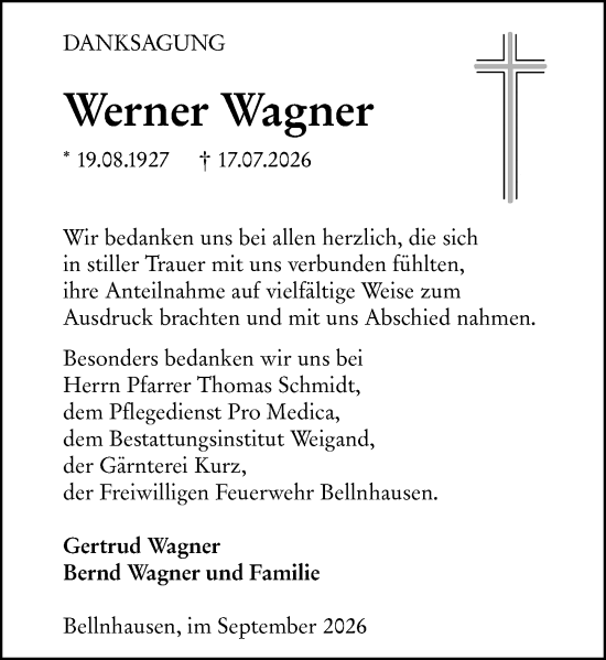 Traueranzeige von Werner Wagner von Hinterländer Anzeiger