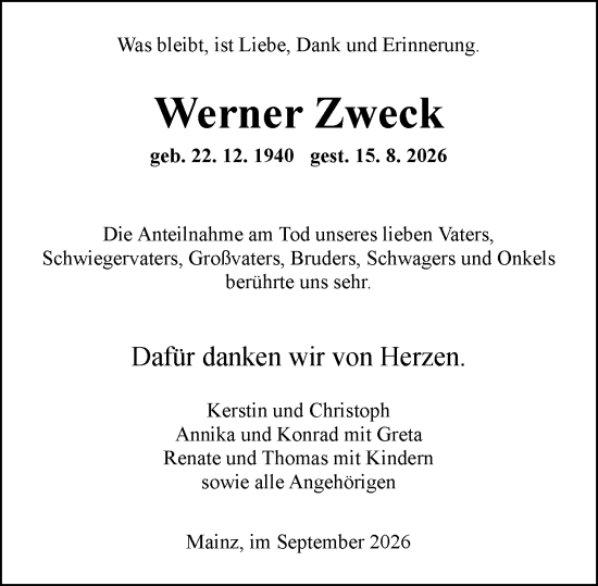 Traueranzeige von Werner Zweck von Allgemeine Zeitung Mainz