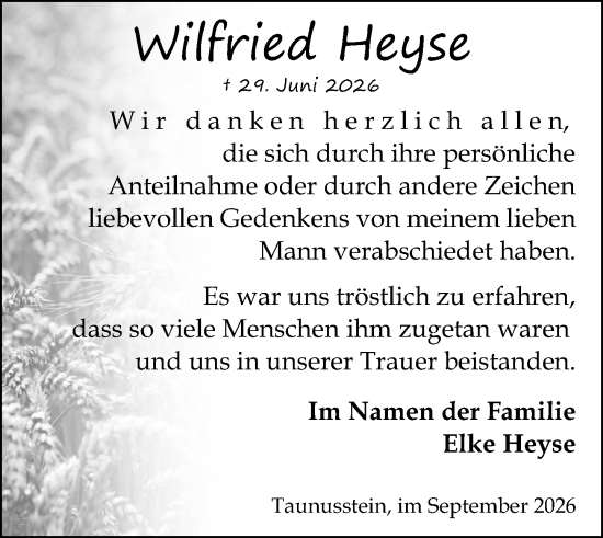 Traueranzeige von Wilfried Heyse von Idsteiner Land/Untertaunus