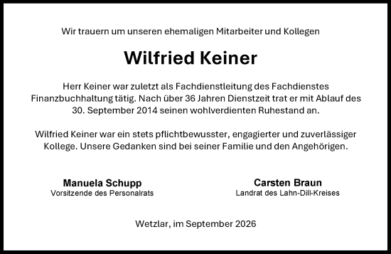 Traueranzeige von Wilfried Keiner von Wetzlarer Neue Zeitung