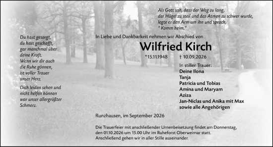 Traueranzeige von Wilfried Kirch von Hinterländer Anzeiger