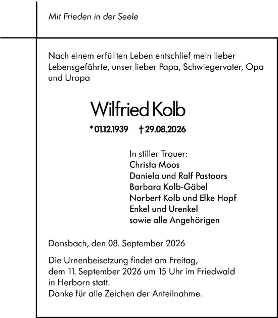 Traueranzeige von Wilfried Kolb von Dill Block