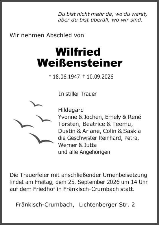 Traueranzeige von Wilfried Weißensteiner von Darmstädter Echo