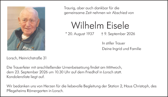 Traueranzeige von Wilhelm Eisele von Starkenburger Echo