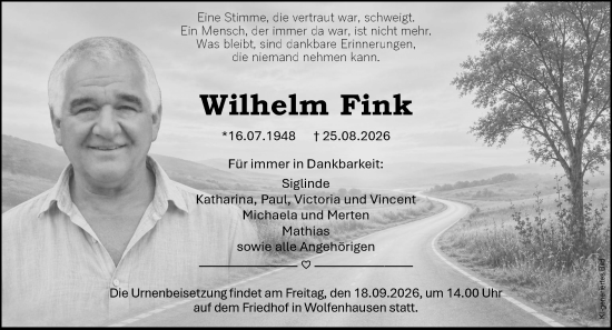 Traueranzeige von Wilhelm Fink von Weilburger Tageblatt