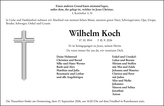 Traueranzeige von Wilhelm Koch von Hinterländer Anzeiger