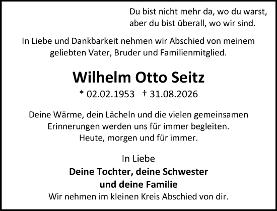Traueranzeige von Wilhelm Otto Seitz von Allgemeine Zeitung Alzey
