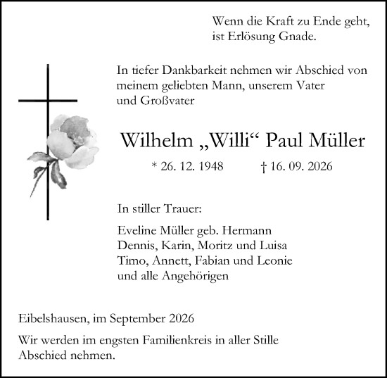 Traueranzeige von Wilhelm Paul Müller von Dill Block