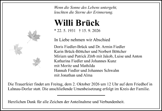 Traueranzeige von Willi Brück von Wetzlarer Neue Zeitung
