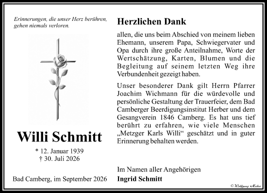 Traueranzeige von Willi Schmitt von Camberger Anzeiger