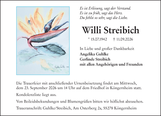Traueranzeige von Willi Streibich von Allgemeine Zeitung Alzey
