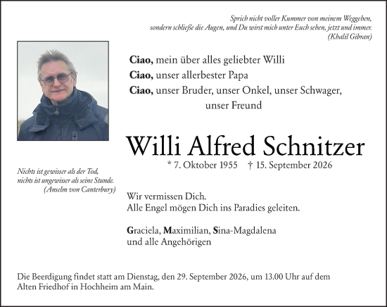 Traueranzeige von Willi Alfred Schnitzer von Hochheimer Zeitung