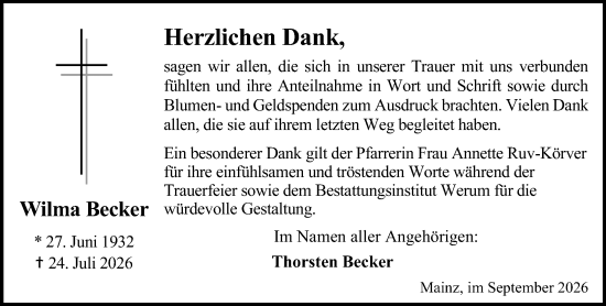 Traueranzeige von Wilma Becker von Allgemeine Zeitung Mainz
