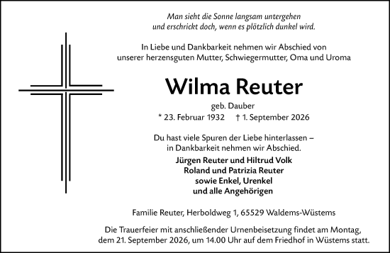 Traueranzeige von Wilma Reuter von Camberger Anzeiger