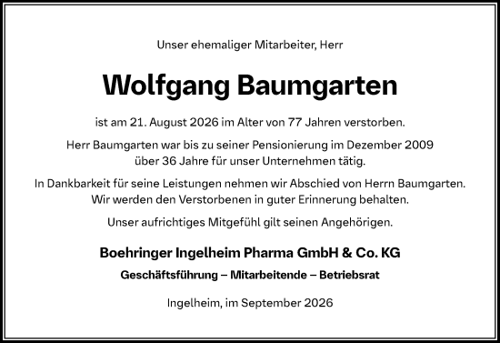 Traueranzeige von Wolfgang Baumgarten von Allgemeine Zeitung Rheinhessen-Nahe
