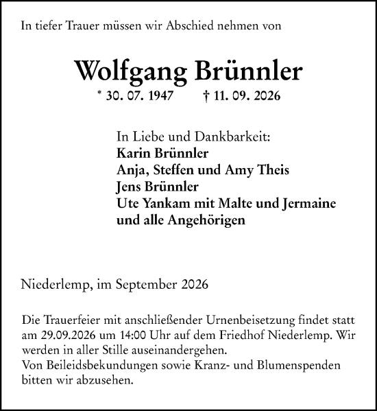 Traueranzeige von Wolfgang Brünnler von Wetzlarer Neue Zeitung