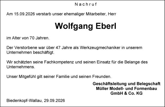 Traueranzeige von Wolfgang Eberl von Hinterländer Anzeiger