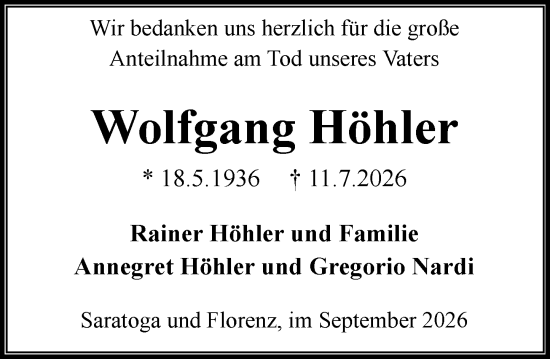 Traueranzeige von Wolfgang Höhler von Dill Block