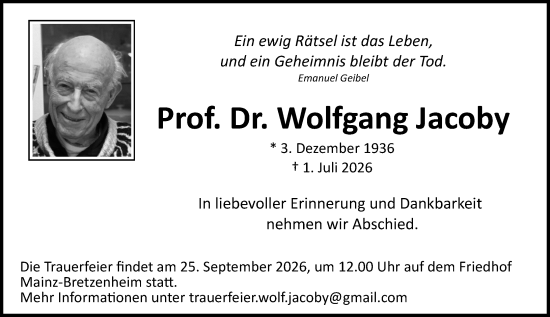 Traueranzeige von Wolfgang Jacoby von Allgemeine Zeitung Mainz