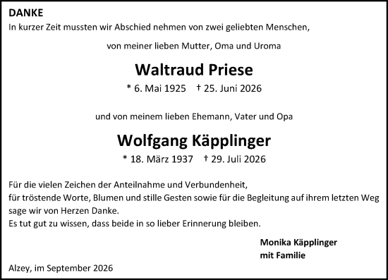 Traueranzeige von Wolfgang Käpplinger von Allgemeine Zeitung Alzey