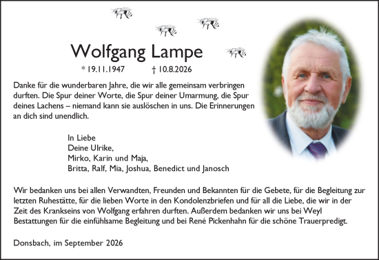 Traueranzeige von Wolfgang Lampe von Dill Block