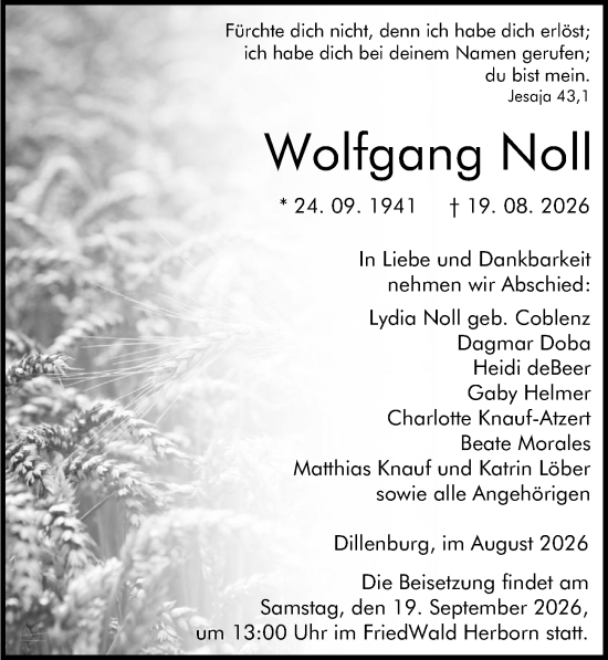 Traueranzeige von Wolfgang Noll von Dill Block