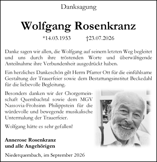 Traueranzeige von Wolfgang Rosenkranz von Wetzlarer Neue Zeitung