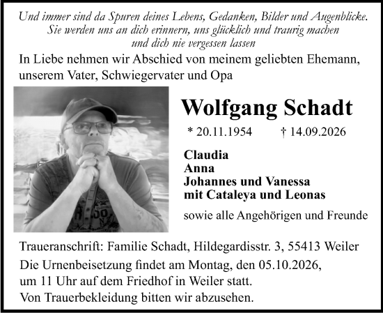 Traueranzeige von Wolfgang Schadt von Allgemeine Zeitung Rheinhessen-Nahe