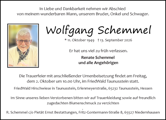 Traueranzeige von Wolfgang Schemmel von Wiesbadener Kurier