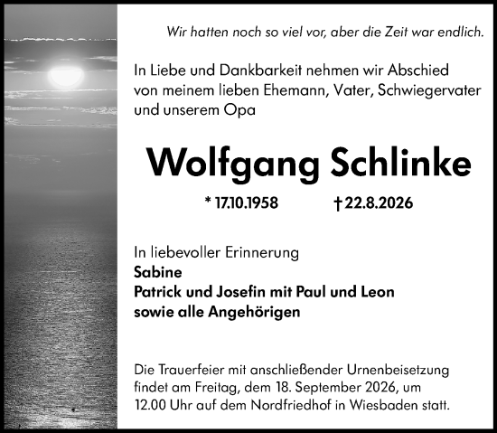 Traueranzeige von Wolfgang Schlinke von Wiesbadener Kurier
