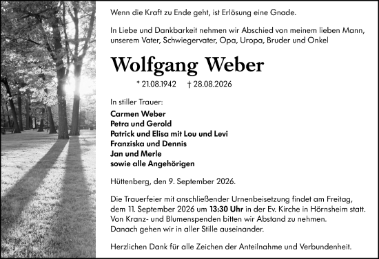 Traueranzeige von Wolfgang Weber von Wetzlarer Neue Zeitung